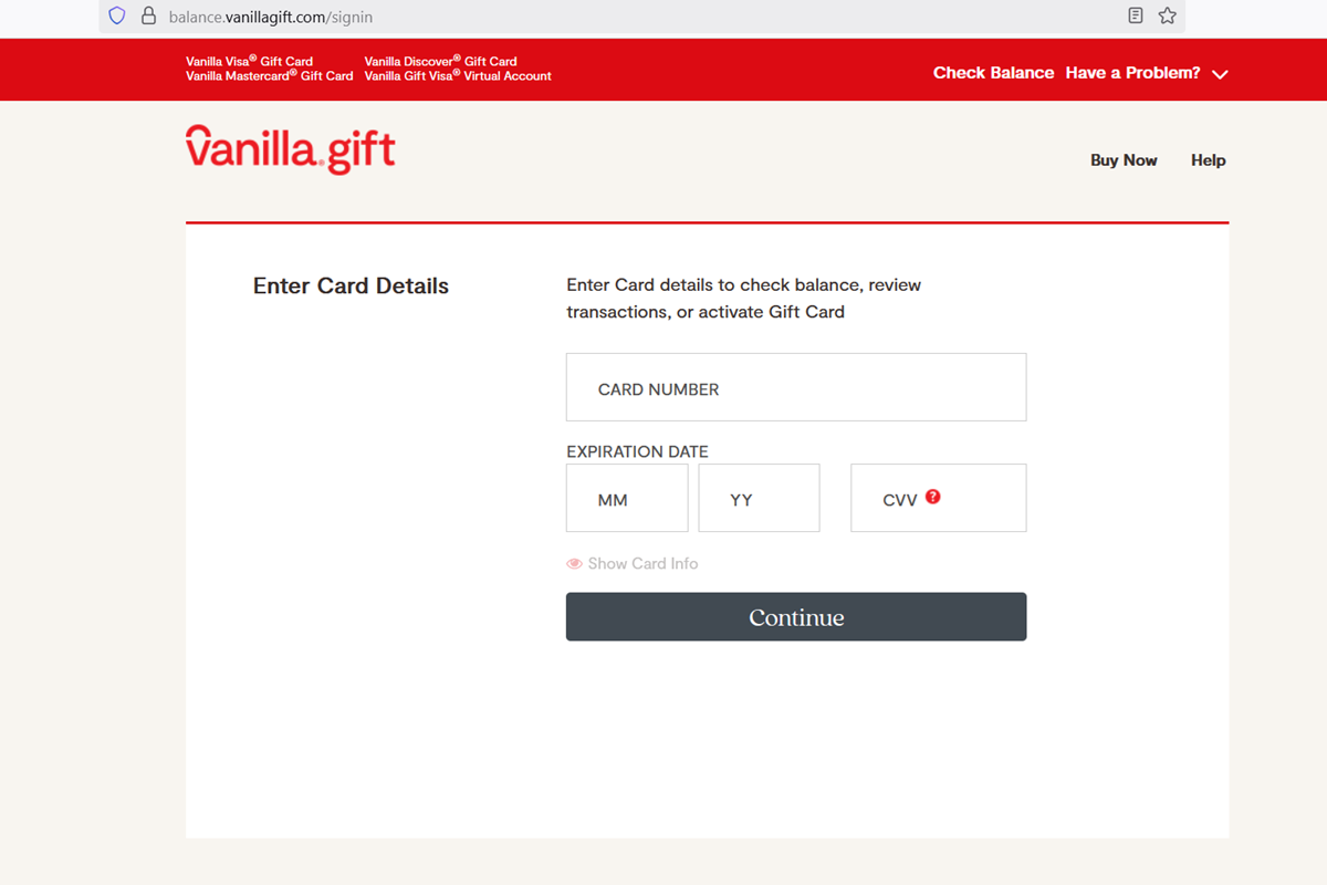 check vanilla gift card balance